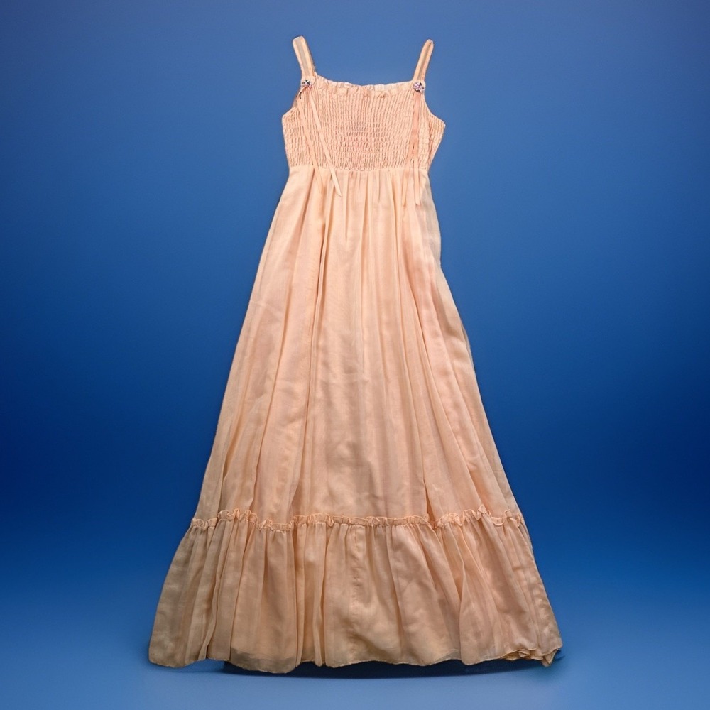 VTG Phase II Dress Sz XS/ S Pink Coral Smocked Floral Maxi Prairie Sundress 70's